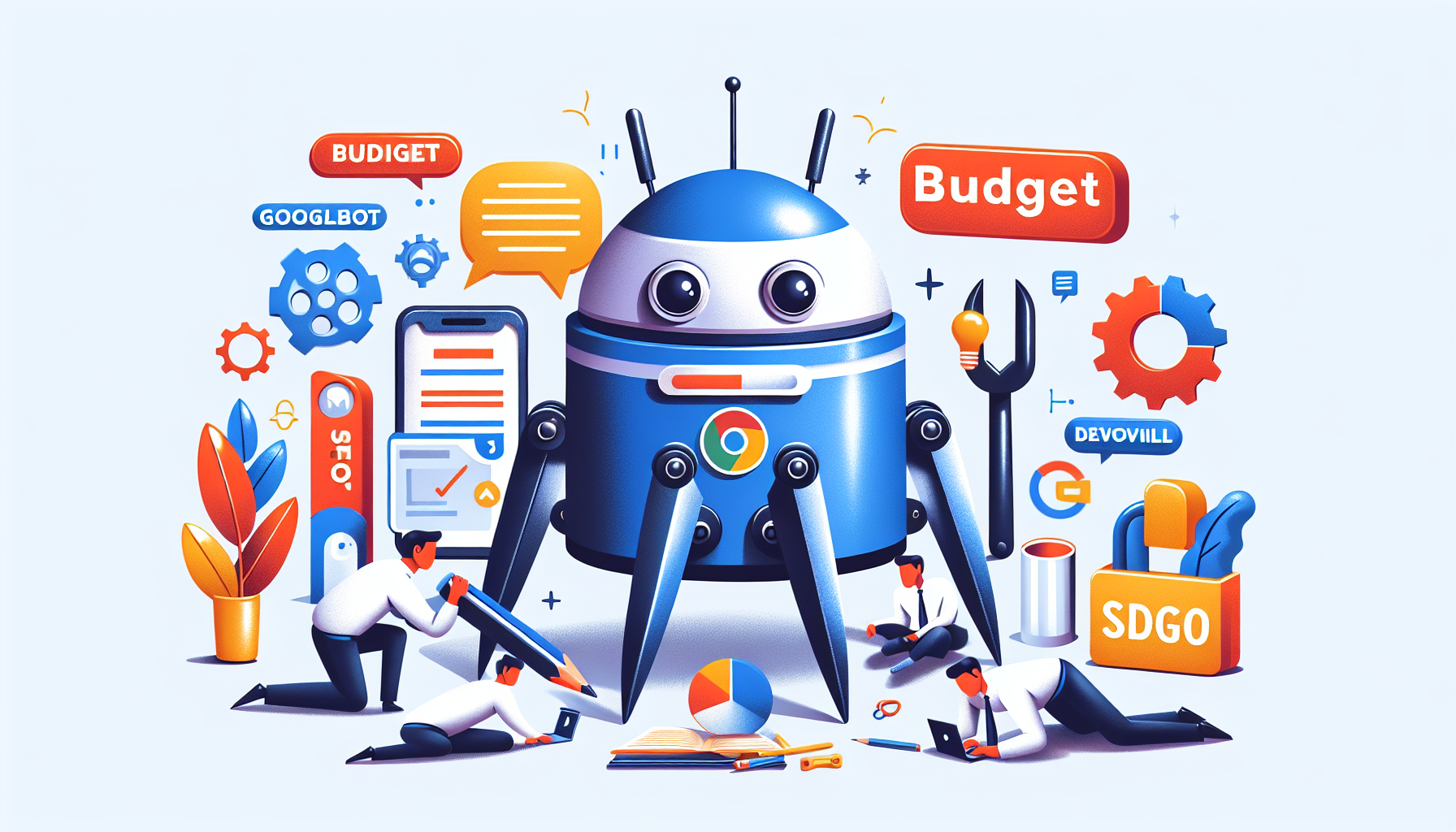 Image générée par DALL-E pour : Budget de crawl googlebot : les secrets seo dévoilés par google Googlebot explorant un site web pour optimiser le budget de crawl SEO