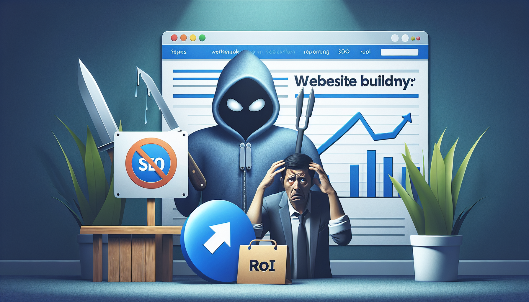 Image générée par DALL-E pour : Constructeur de site : l’ennemi caché de votre seo et roi Constructeur de site freinant le SEO et ROI d'un site web avec une agence SEO