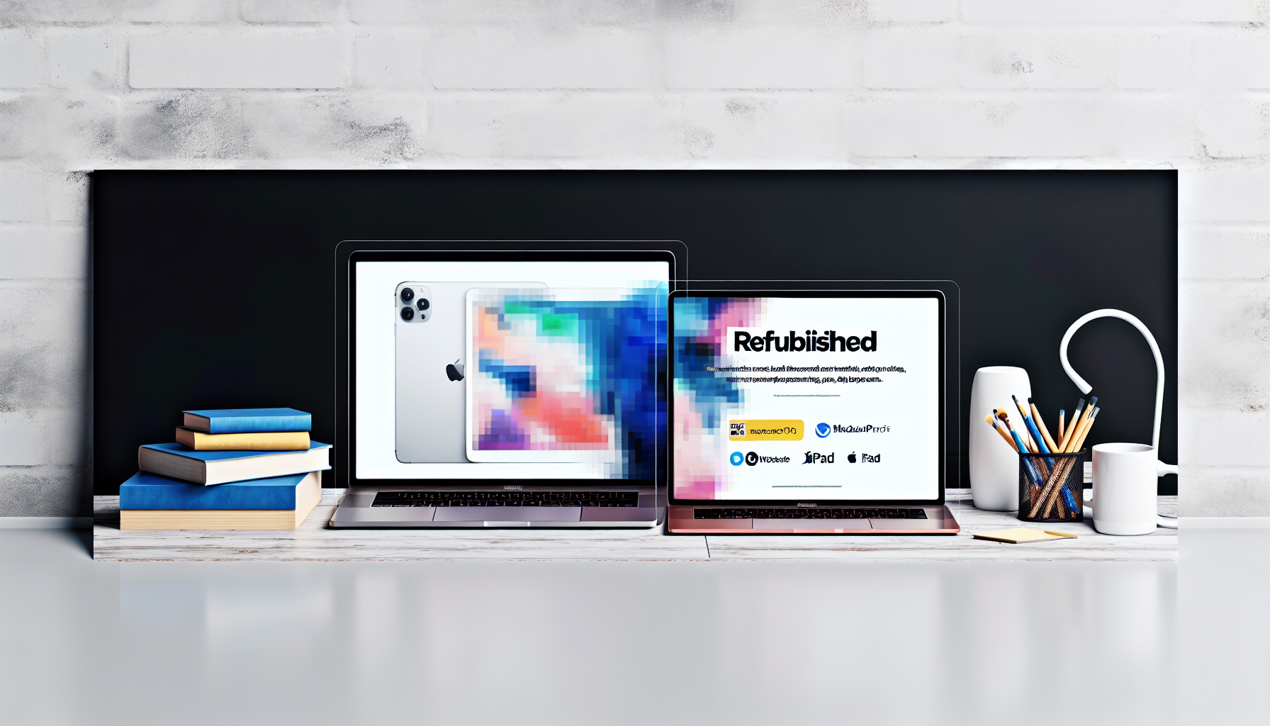 Image générée par DALL-E pour : Macbook pro m5 et ipad 11 a16 reconditionnés : apple refurb MacBook Pro M5 et iPad 11 A16 reconditionnés Apple Refurb sur fond blanc