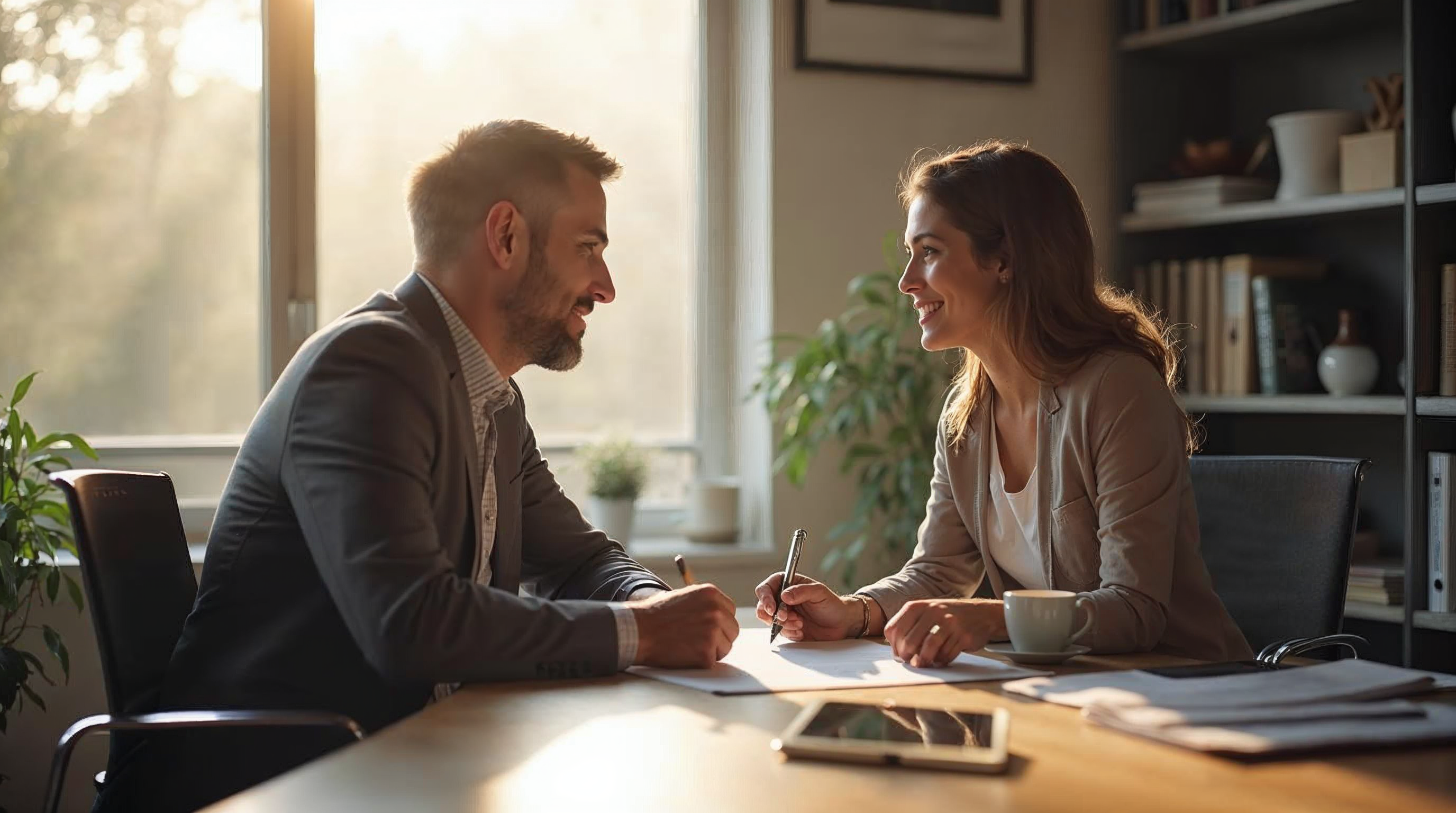 Conseiller en assurance discutant de la relation client avec un client souriant dans un bureau moderne